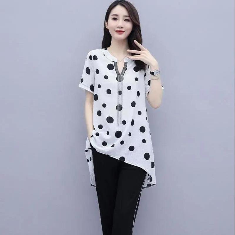 Chiffon Shirt Suit Women's Large Size Printed Loose Long Shirt Two-piece Cover Belly Slimming Chiffon Casual Loose Ladies Two-piece Suit