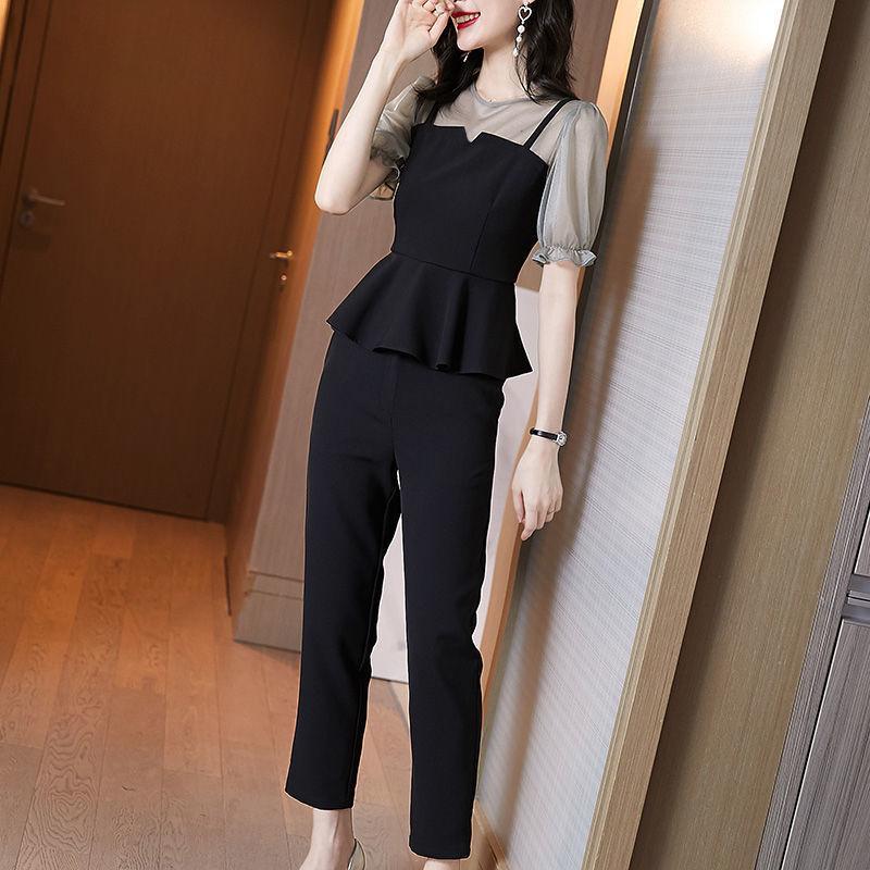 Suit Women Xia Xian Thin Chiffon Shirt Pants Short-sleeved Stitching Top Casual Temperament Two-piece Chiffon Fabric Light and Breathable