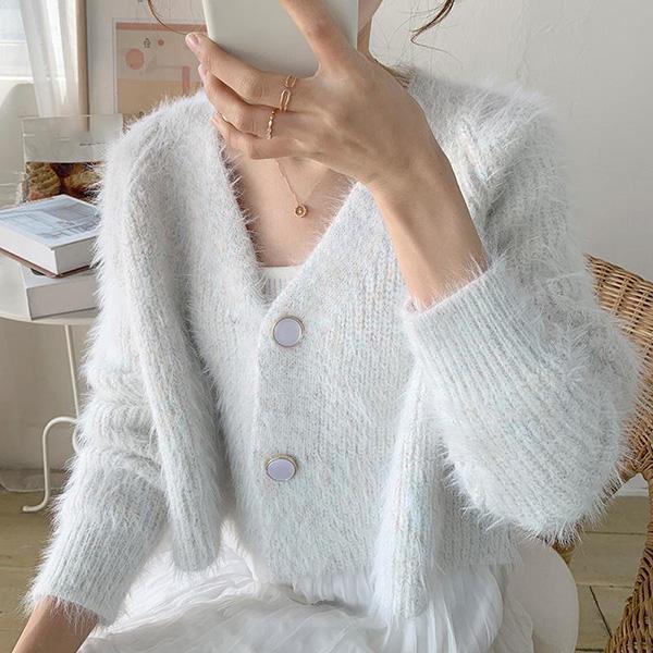 Autumn and Winter Imitation Mink Short Coat Long-sleeved Knitted Cardigan Long-haired Solid Color V-neck Sweater