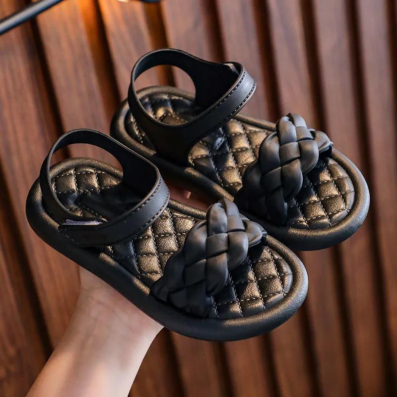 Girls Sandals Girls Summer Soft Sole Flat Beach Sandals Anti-slip Solid Color Casual Princess Sandals