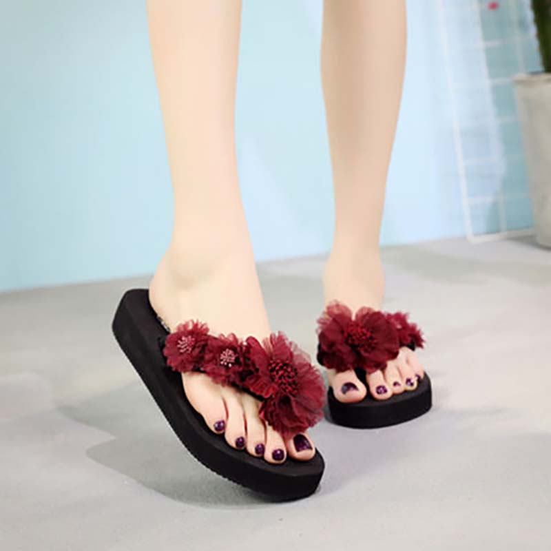 Slippers Women's Summer Fashion, Thick-soled High-heeled Sandals, Women's Seaside Beach Non-slip Flowers, Slope with Flip-flops