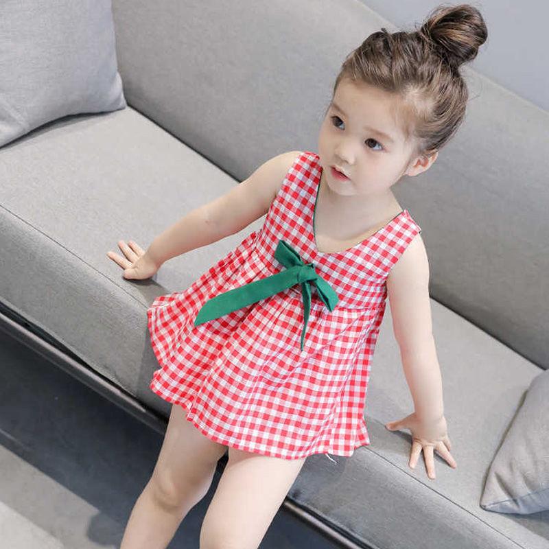 Children Dress Girls Summer Thin Sling Dress Plaid Sleeveless Back Cross Princess Dress Ruffle A-line Dress Suspender Dress