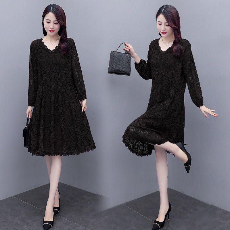 Women Solid Color Lace Long Sleeve V-neck Dress Spring and Autumn Large Size Loose Knee-length Size M-XXXXXL