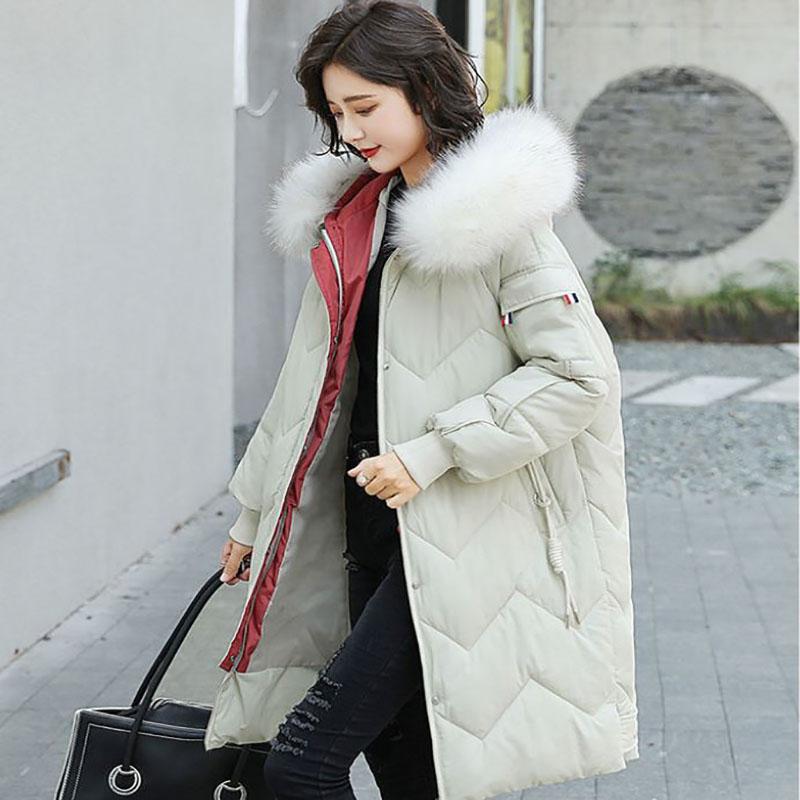 Down Jacket Winter Ladies Fashion Korean Big Fur Collar Thick Warm Hooded Mid-length Plus Size Cotton Jacket