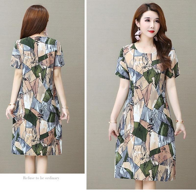 Women's Printed Mid-length Dress Casual Summer Short-sleeved O-neck Thin Cotton Dress Fat Sister Dress Loose Casual Thin Dress Light and Breathable