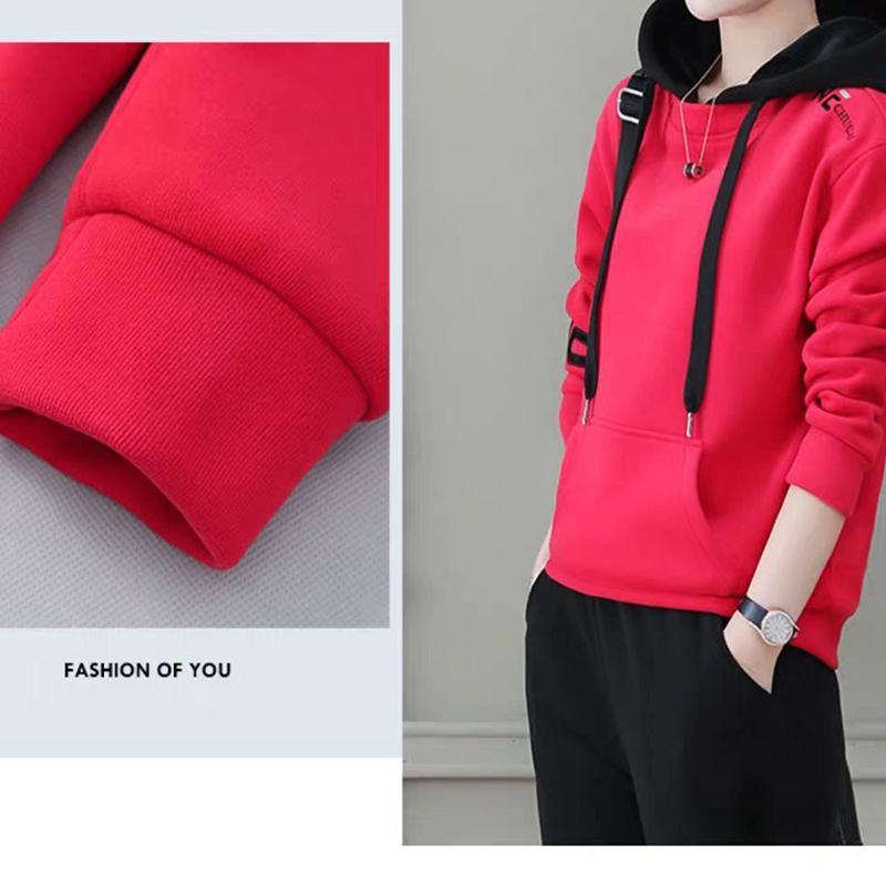 Plus Velvet Thickened Leisure Sports Suit Women Loose Hooded Hoodie Two-piece Fabric Breathable Warmth and Comfort