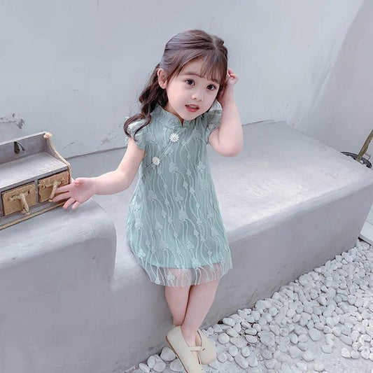 Girls Summer Sleeveless Dress Hanfu Princess Dress Guzheng Lace Skirt Chinese Style Baby Costume Sweet Dress