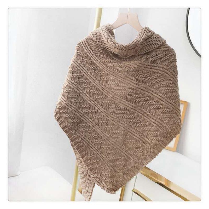 Women's Autumn Winter Knitted Leather Buckle Shawl Scarf Triangle Cloak Keep Warm All-match Solid Color Crochet Dual-use Shawl Scarf