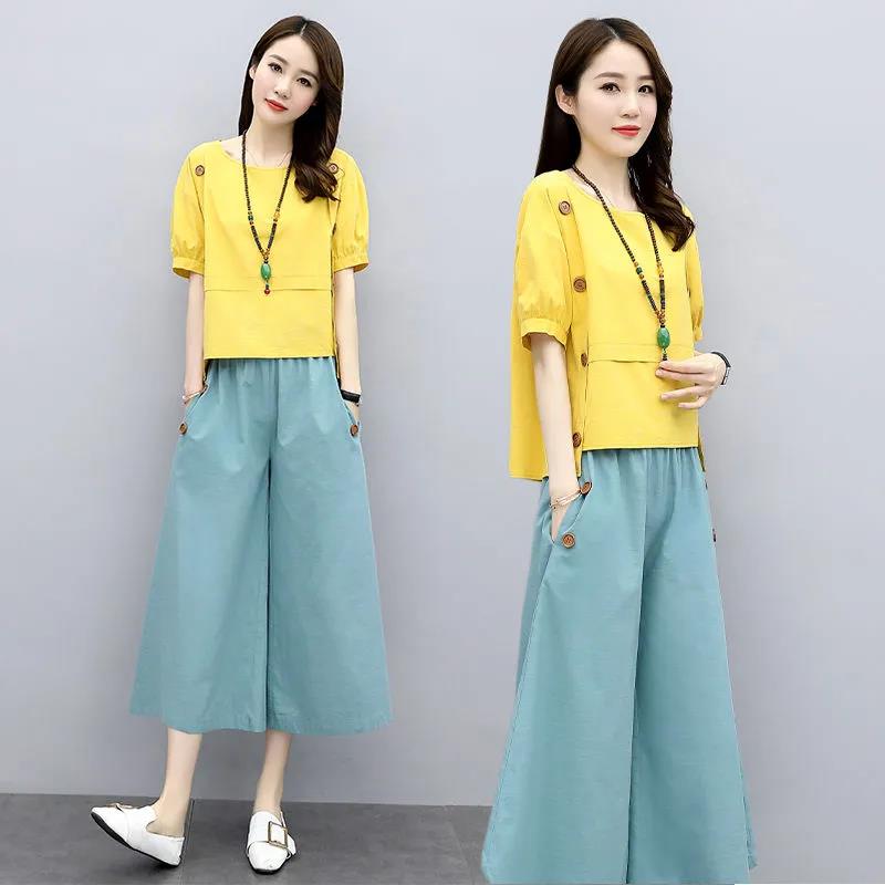 Suit Cotton and Linen Wide-leg Pants Suit Women's Summer Dress Retro Slim Casual Two-piece Casual Chinese Style