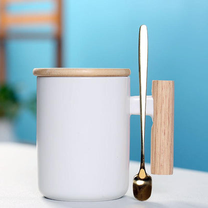 Ceramic with Lid and Spoon for Household Coffee Cup and Teacup Milk Cup with Wooden Handle Mug Large Capacity