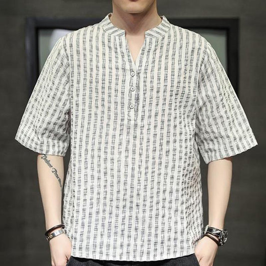 Striped Short-sleeved Men's Chinese Style Linen T-shirt Summer Korean Trend Cotton and Linen Half-sleeved Fashion All-match Loose T-shirt