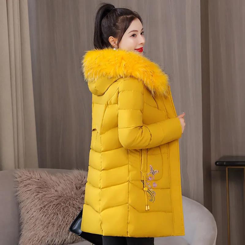 Down Jacket Winter Ladies Fashion Korean Big Fur Collar Thick Warm Hooded Mid-length Plus Size Cotton Jacket