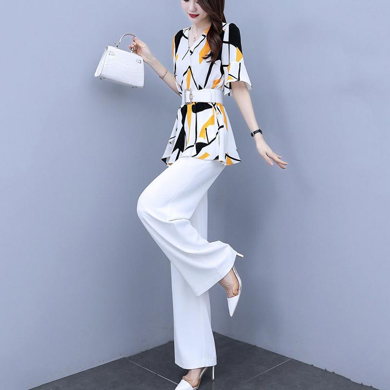 Chiffon Suit Female Temperament Suit Two-piece Suit Waist Slimming Chiffon Shirt Loose Wide-leg Pants Two-piece Suit Ladies Elegant Suit