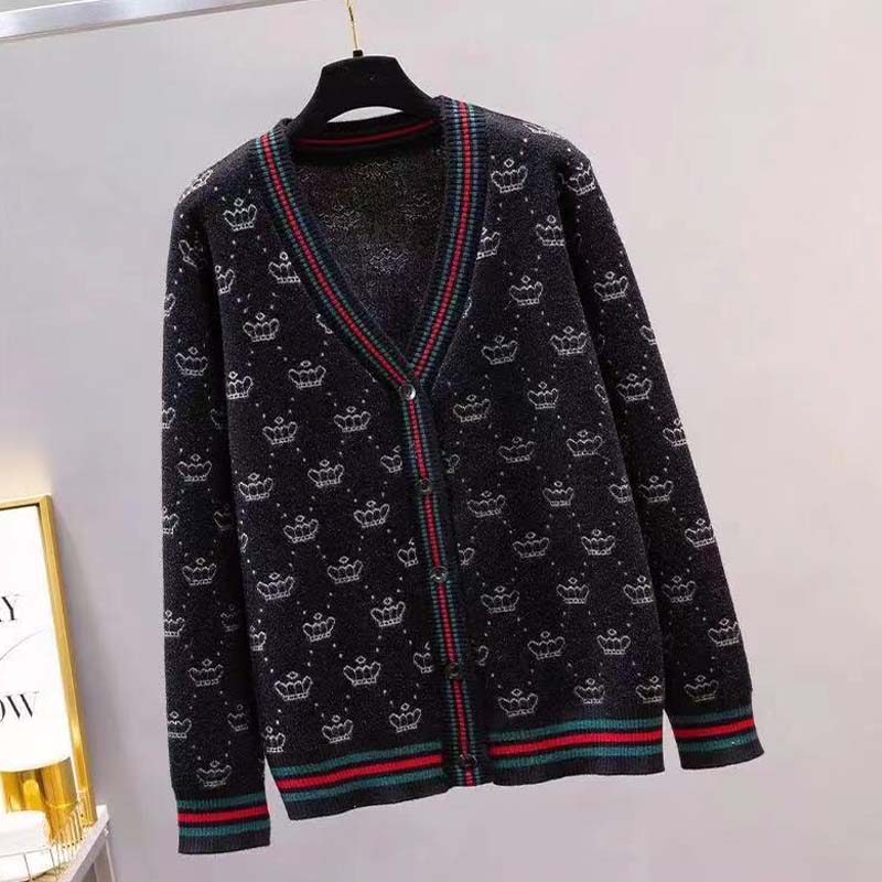 Loose Outer Jacket Women's Knitted Cardigan Contrast Color Striped Crown V-neck Button Long-sleeved Thin Sweater Coat