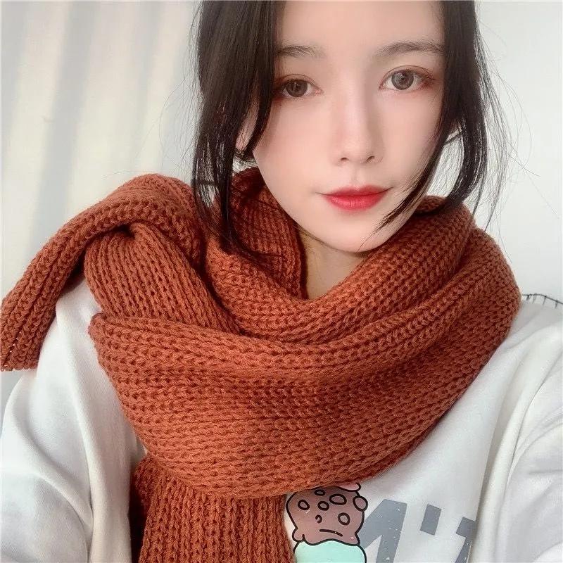 Women's Winter Knitted Scarf Pure Color Cashmere Thickened Warm Scarf Korean Simple Style All Match Wrap Shawl Neck Cover Long Handmade Neckerchief