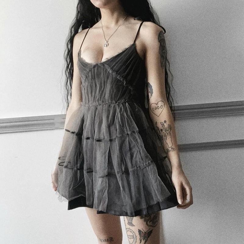 Spring and Summer Mesh Hanging Strap Dress Female Student Lace Short Skirt V Collar Back A Word Skirt