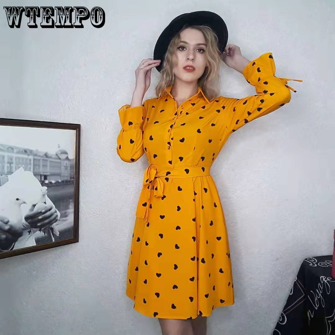 Spring  Autumn Women Heart Printed Long Sleeve Shirt Dress OL Style Knee-length  A-line Dress Plus Size M-5XL