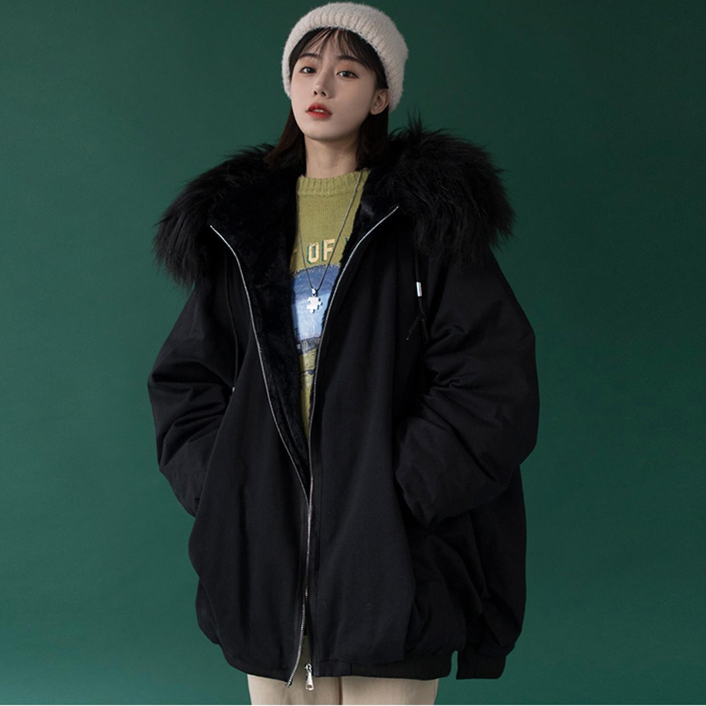 Winter Warmth Padded Jacket Plus Velvet Parker Jacket Women Loose Padded Jacket Padded Padded Jacket Winter Wear Fluffy Fur Collar Loose Bread Jacket