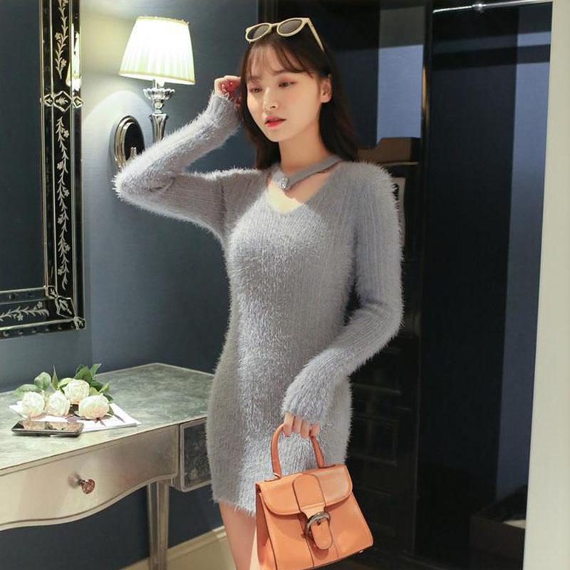 Autumn and Winter Mohair V-neck Sweater Pullover Mid-length Slim Top Solid Color Sexy Female Sweater Dress