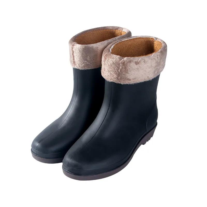 Female Autumn and Winter Rain Boots Adult Mid-tube Rain Boots   Rubber Shoes Non-slip Plus Velvet Cotton Warm Waterproof Shoes