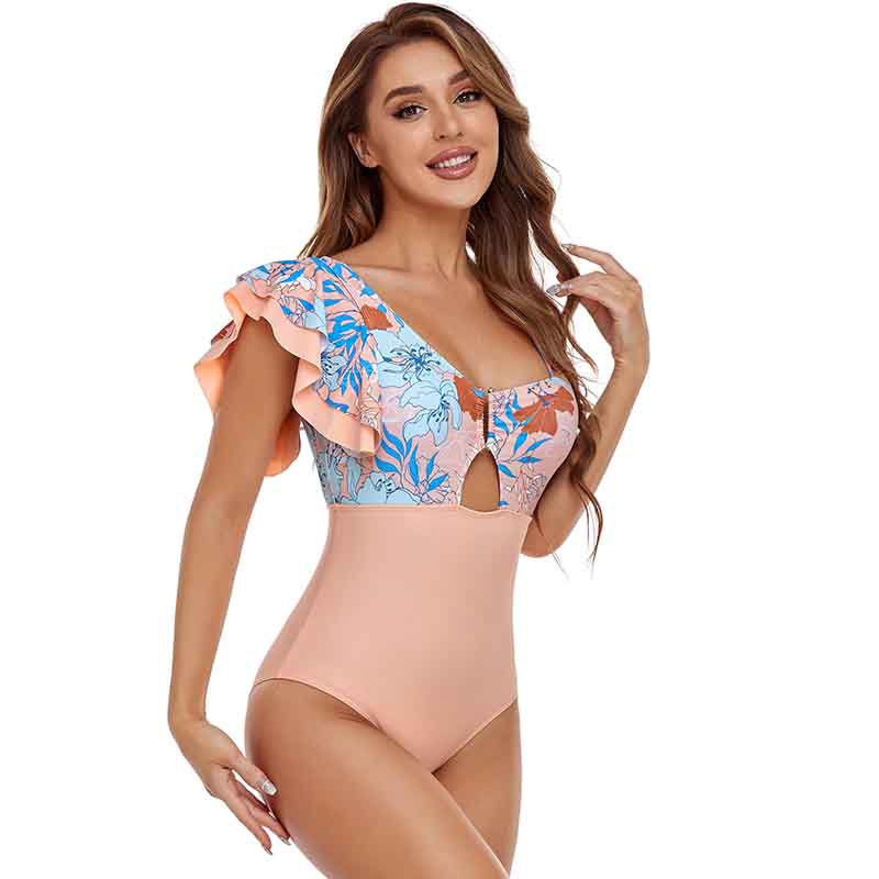 Splicing One Piece Swimsuit Feminine Fashion One Shoulder Lotus Leaf Beachwear Backless Swimsuit