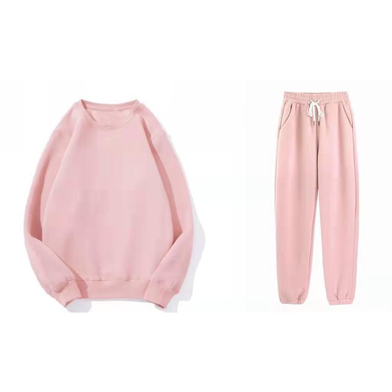 2PCS Sports Suit Round Neck Sweater Jacket Autumn and Winter Fleece Two-piece Loose Trousers Suit Solid Color Sweat Suits Girls Athletic Clothing