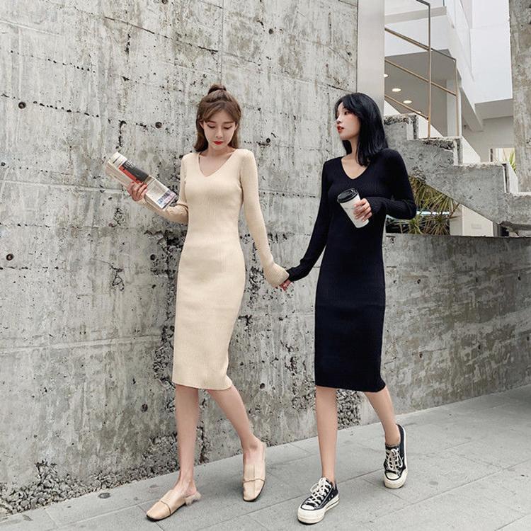 Winter Mercerized Cotton Temperament Goddess Fan Sweater Knit Dress V-neck Long-sleeved Slim Slimming Black Hip Skirt