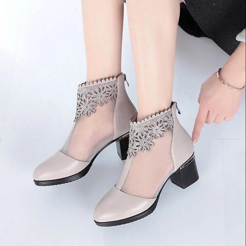 Net Boots Women's Thick-heeled High-heeled Women's Shoes Spring and Summer Sandals Hollow High-heeled Breathable Mesh Sandals Women