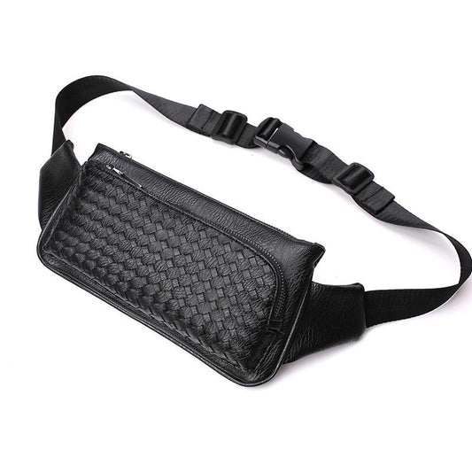 Casual Waist Bag Men Black Woven Chest Bag Mobile Phone Bag Outdoor Sports Shoulder Bag