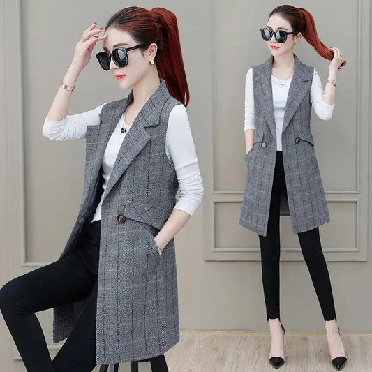 Women's Mid-length Waistcoat Slim Slimming Plaid Vest Suit Vest Waistcoat Ladies Sleeveless Jacket Temperament Elegant Blazer