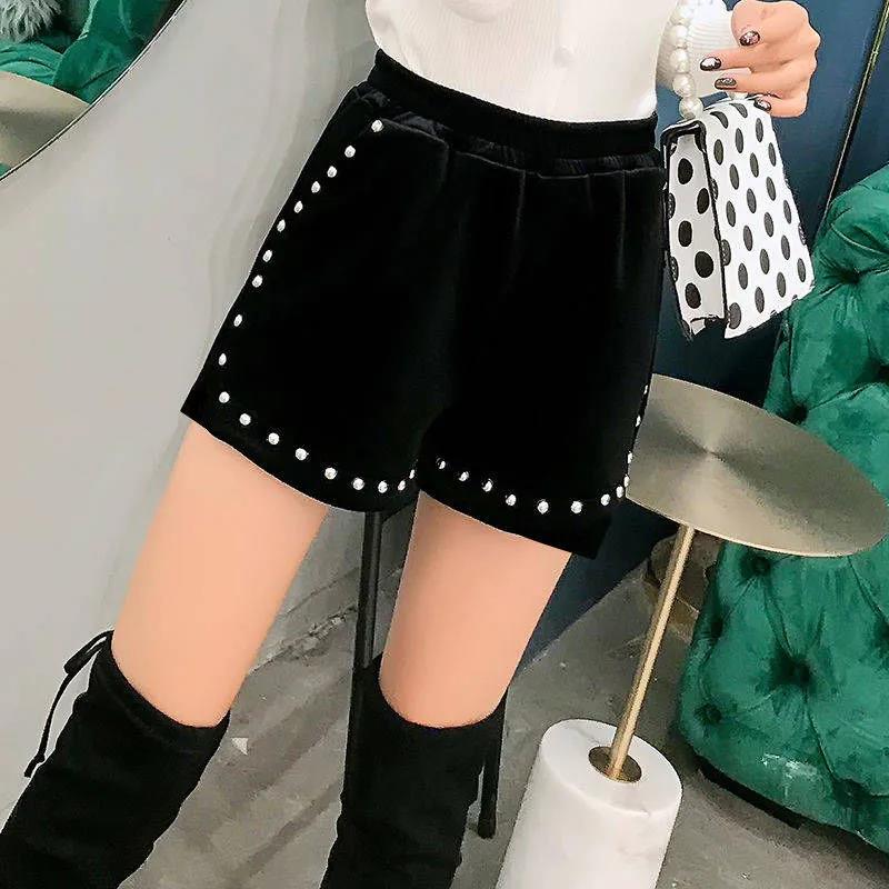 Gold Velvet Shorts Women's Autumn and Winter Thickening Large Size Loose High Waist Black All-match Casual Boots Pants for Outer Wear