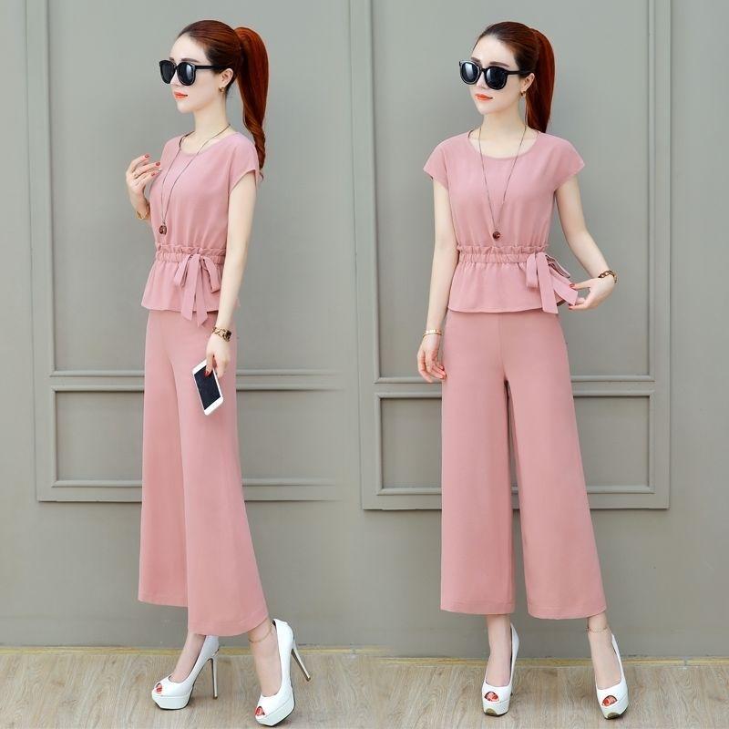 Wide-leg Pants Suit Summer Cover Belly Drape Women's Two-piece Straight Pants Round Neck Short-sleeved Shirt Waist Slimming Plus Size Clothing