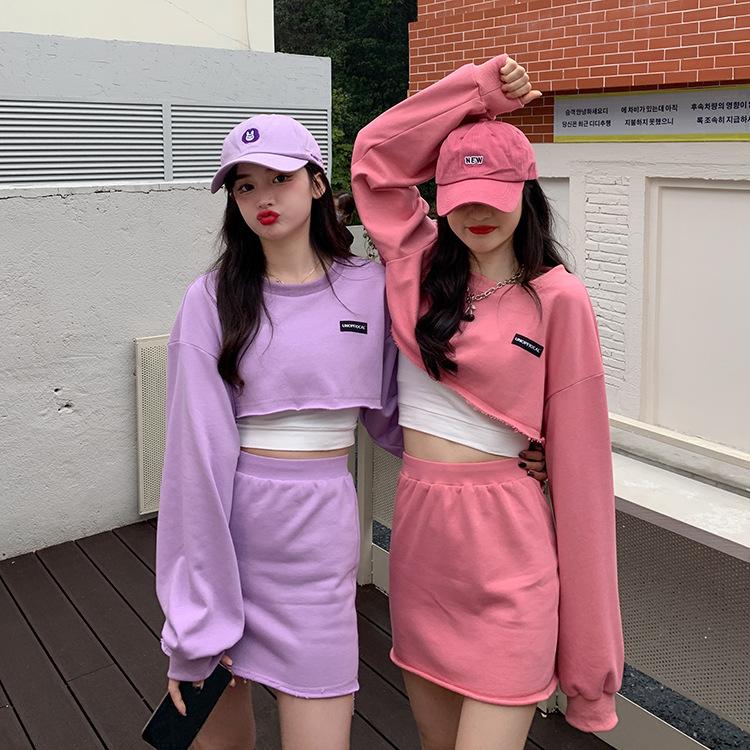 2PCS Personality Short Suit Letter Casual Sports Style Athletic Girl Long Sleeve Ultra Short Sweater Women + Hip Skirt Two-piece Set