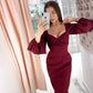 Pofulove Women Retro V-neck Long Sleeve Dress Sexy Slim Long Dress Over Knee Solid Color Hip Dresses