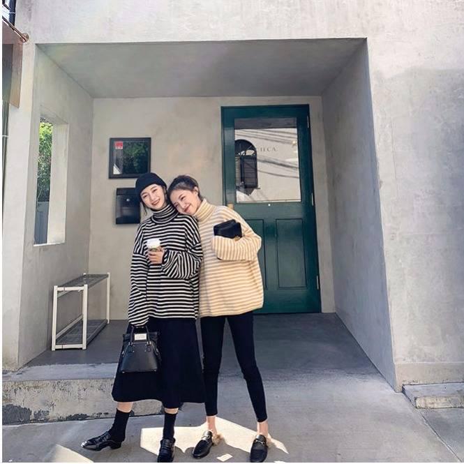 Pofulove Winter Turtleneck Thicken Sweater Schoolgirl Korean Loose Color Matching Wild Knitwear Top