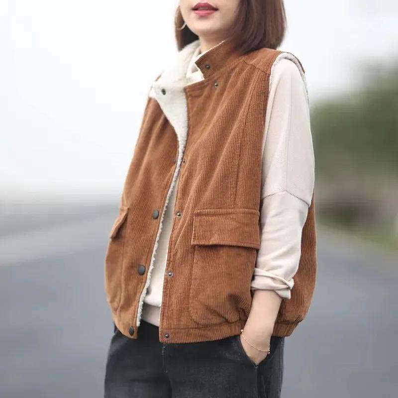 Retro Corduroy Vest Women's Plus Velvet Thick Lamb Fleece Sleeveless Autumn and Winter Suit Collar Jacket