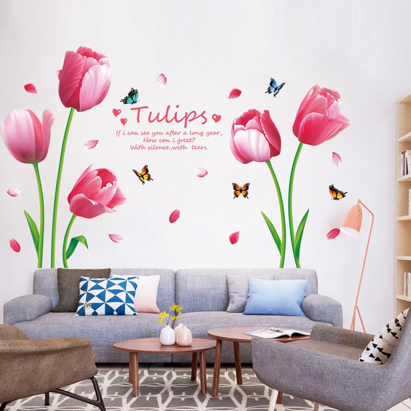 Pink tulip bedroom living room TV background wall porch shop decoration self-adhesive wall stickers