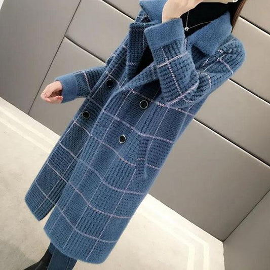 Thickened Plush Coats Women's Mid-length Sweater Cardigans Female Autumn and Winter Large Size Loose Plaid Coats