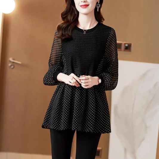 Black Polka Dot Chiffon Top Women's Long-sleeved Spring Slim T-shirt Bottoming Shirt