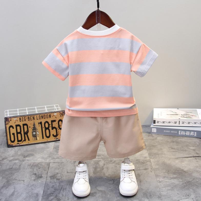 Summer Korean Short Sleeve Children's Suit Boys' and Girls' 0-4-year-old Round Neck Striped T-shirt Shorts Two-piece Children's Suit