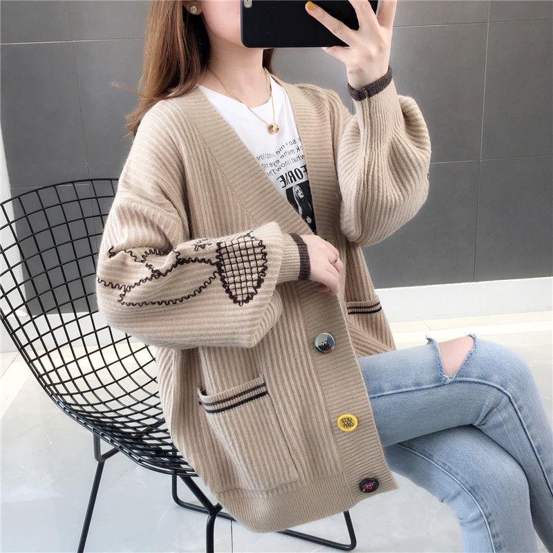 Women's Embroidered Knit Cardigan Loose Mid-length Knitted Sweater Coat Fashion