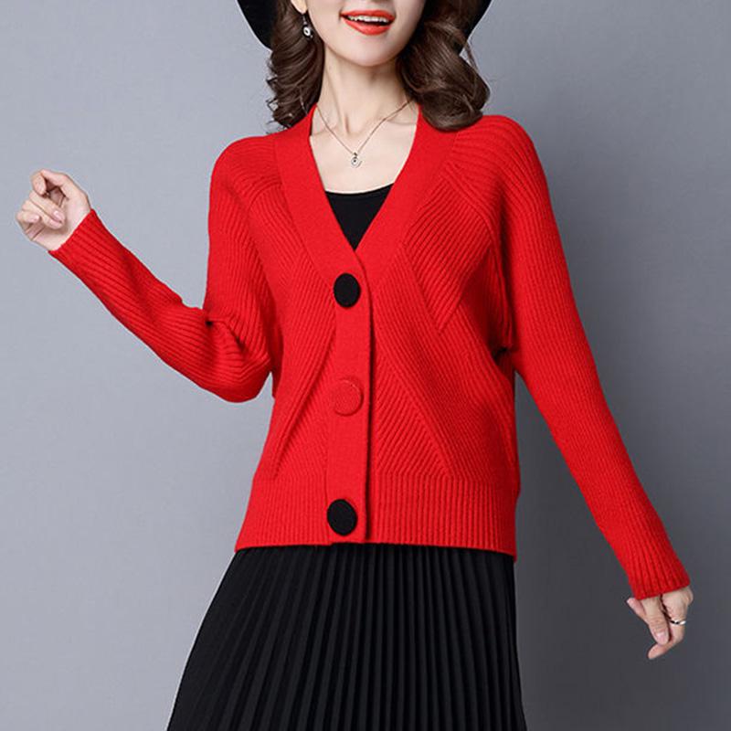 Spring and Autumn Short Knit Cardigan Long Sleeve V-neck Bat Shirt Long Sleeve Button Sweater Jacket