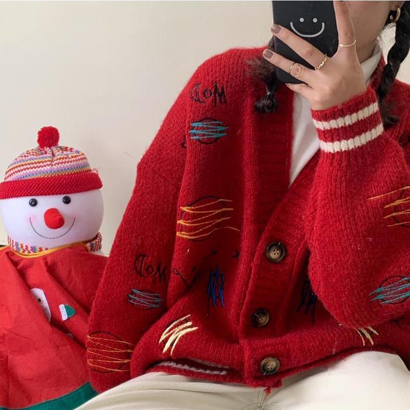 Casual Knitted Cardigan Women's Autumn   Winter Long Loose  Thick Student Embroidery Sweater Coat Fashion