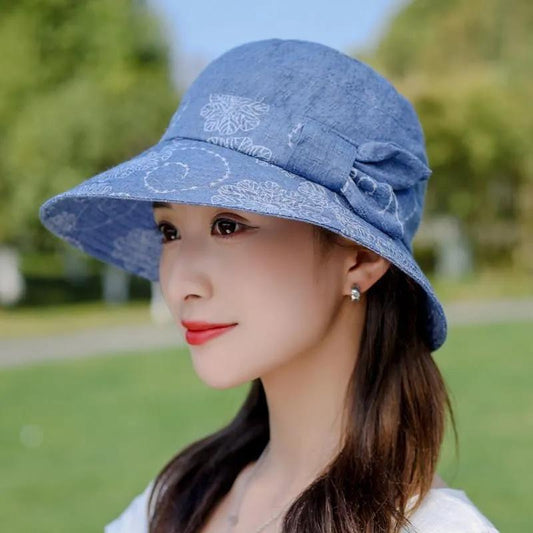 Women's Cotton Bucket Hat Rose Flower Bow Sunscreen Sun Hat Spring Adjustable Hat Breathable Vintage Fisherman Hat Basin Hat