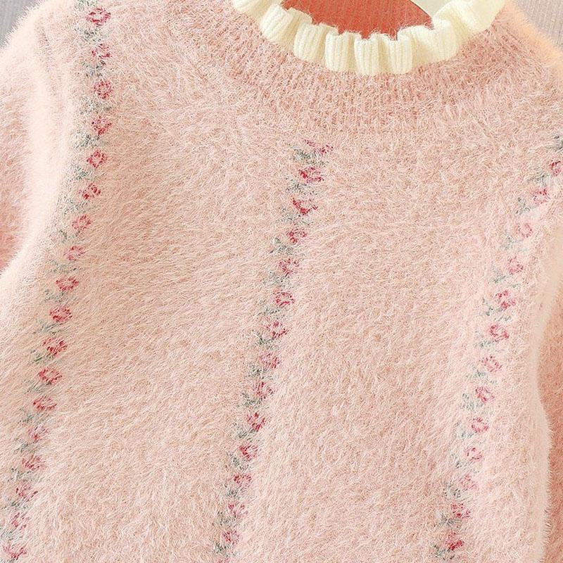 Girls Baby Mink Velvet Sweater Baby Children Sweater Pullover Knitwear Autumn and Winter Long-sleeved Top Loose Ruffle Sweater