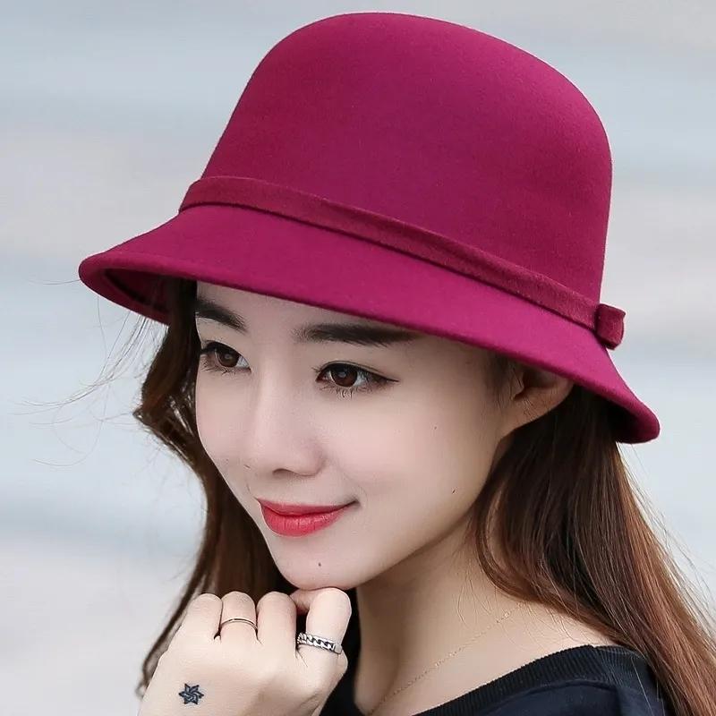 Women's Simple Elegant Pot Hat Wool Blended Bow Basin Hat Autumn Winter Solid Color Casual All-match Bucket Hat