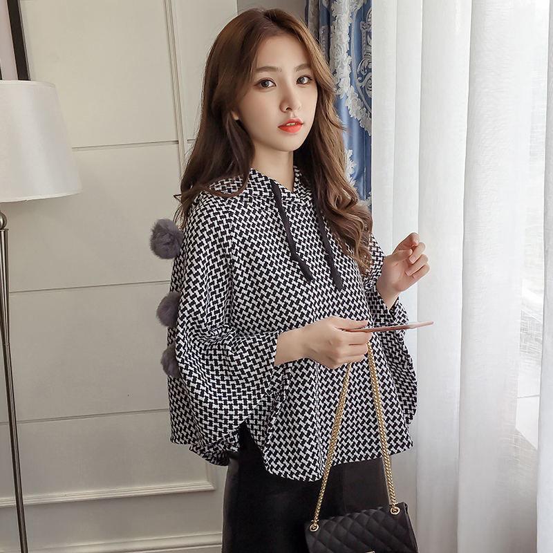 Spring and Autumn Plaid Cloak Top Hooded Pullover Sweater Shawl Coat Student Trend