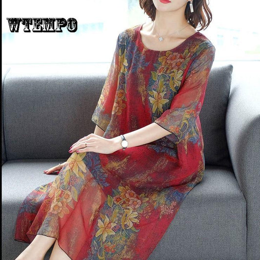 Boussac Western Floral Print Woman Half Sleeve Vestidos Mujer Elegant Silk Dress 5xl