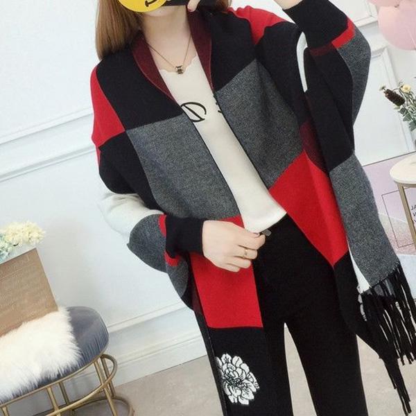 Thick Tassel Cloak Sweater Autumn and Winter Knitted Cloak with Sleeves