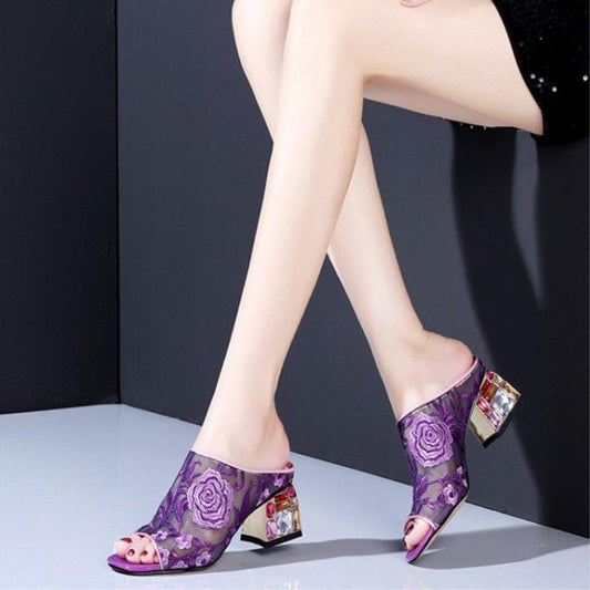 Slippers, Women's Summer Ethnic Style, Fashion Rhinestone Thick-heeled Large Size Sandals and Slippers, Mid-heel Embroidered Shoes